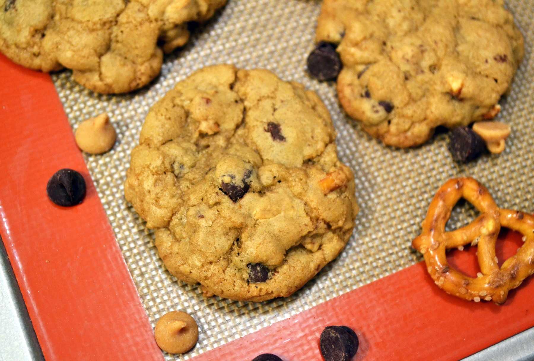 Crispy Chewy Pretzel, Peanut Butter, and Chocolate Chip Cookies