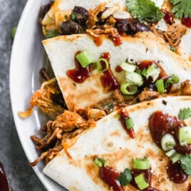 A BBQ Pulled Pork Quesadilla on a Plate