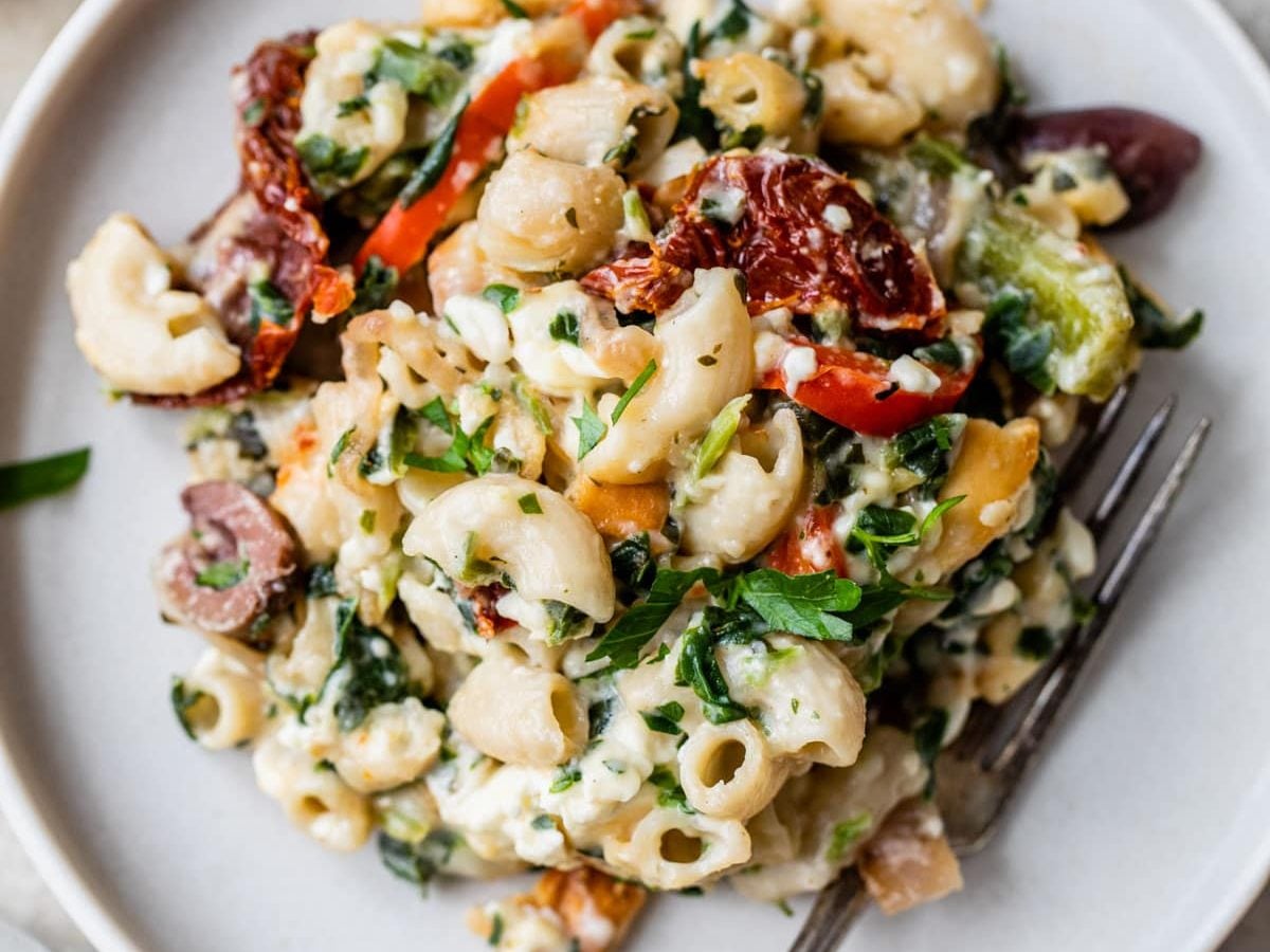 A plate of baked Greek Mac and Cheese with Crunchy Pita Chip Topping
