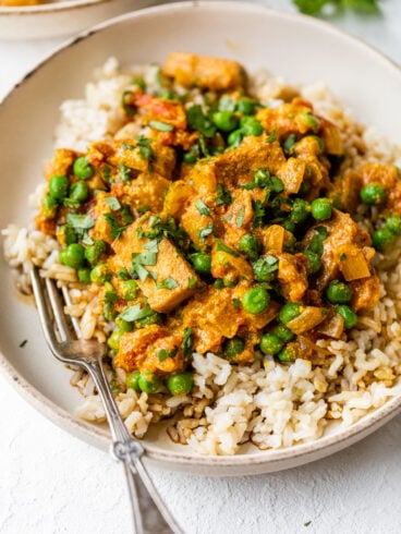 Creamy Tofu Curry on a plate with rice