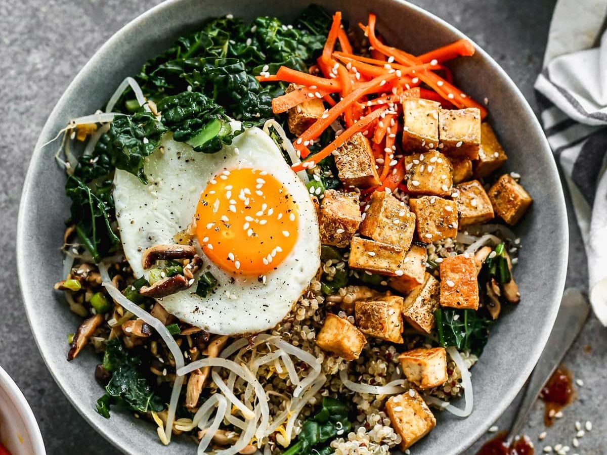 Vegetarian Bibimbap with Crispy Tofu and Quinoa with bibimbap sauce