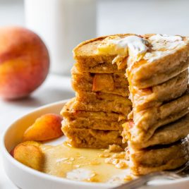 Healthy Peaches and Cream Pancakes with Ginger Peach Compote