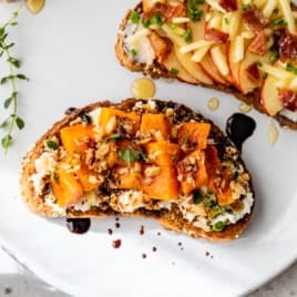 Overhead view of tartines on platter