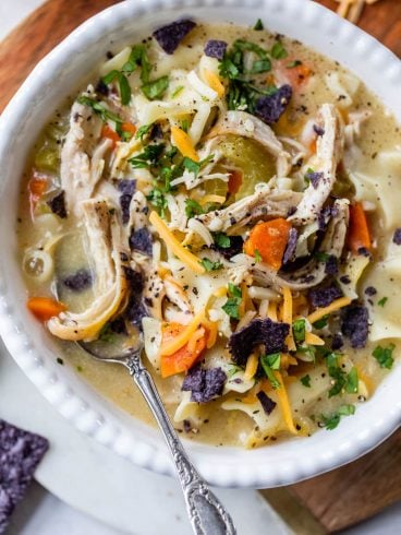 Easy Healthy Creamy Chicken Noodle Soup in a bowl with a spoon
