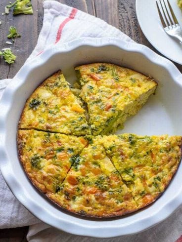 Cheesy Chicken Pepper Broccoli Frittata. Perfect for any meal! Easy, healthy, and a great way to use up leftovers too.