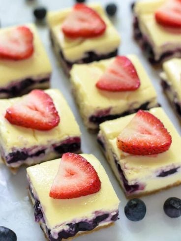 Red White and Blueberry Cheesecake Bars. The perfect dessert for the Fourth of July!