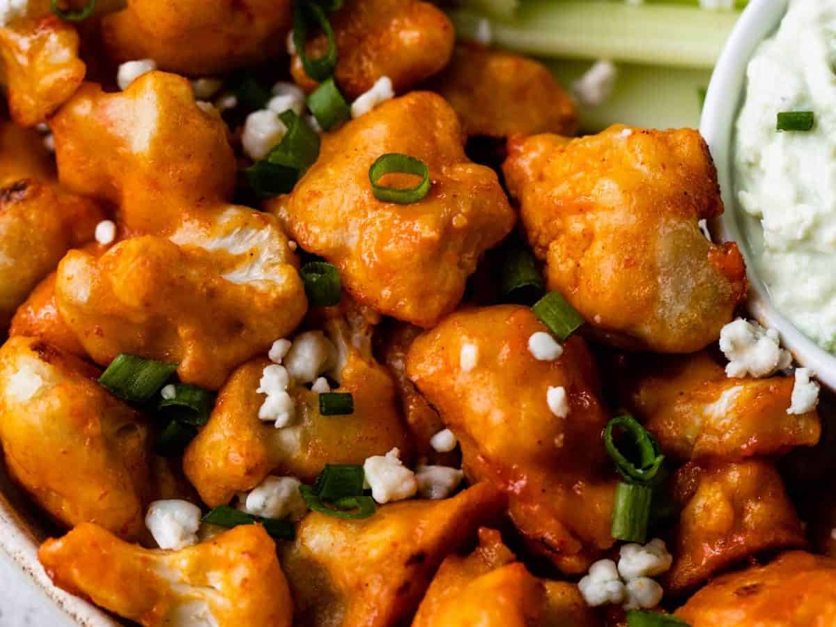closeup of crispy buffalo cauliflower wings