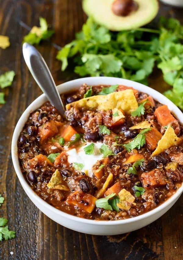 The BEST Slow Cooker Turkey Chili with Quinoa Sweet Potatoes and Black Beans