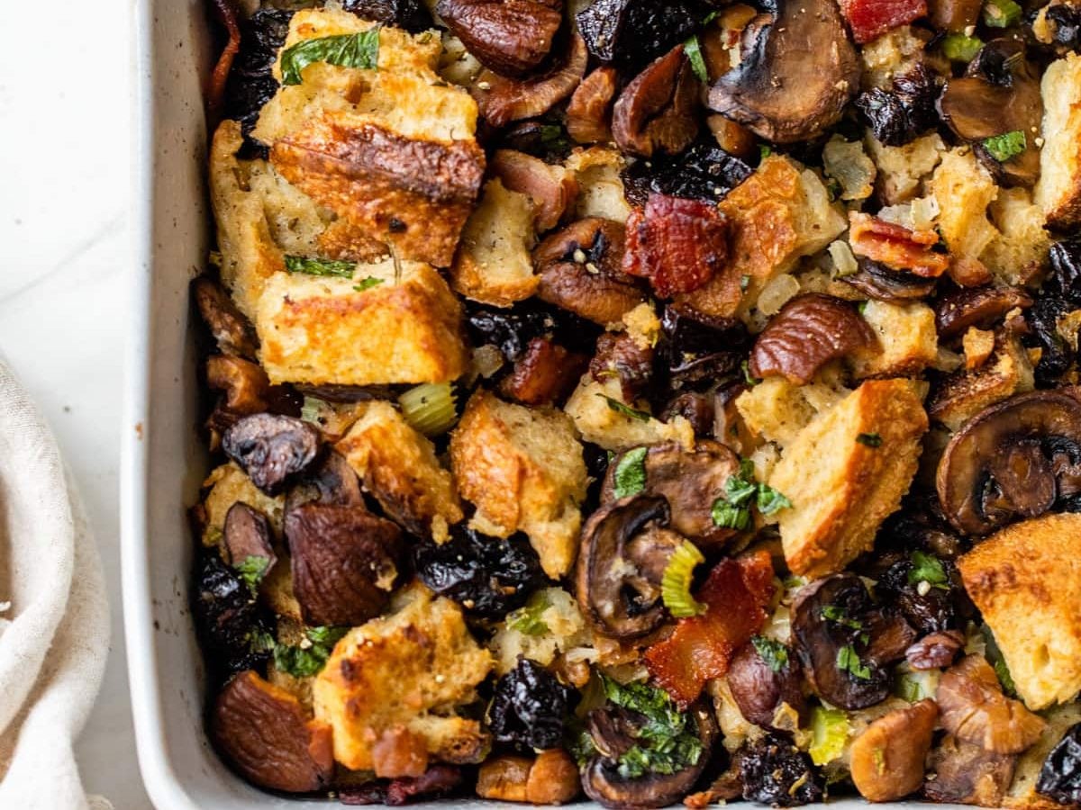 Thanksgiving Chestnut Stuffing for turkey in a white pan