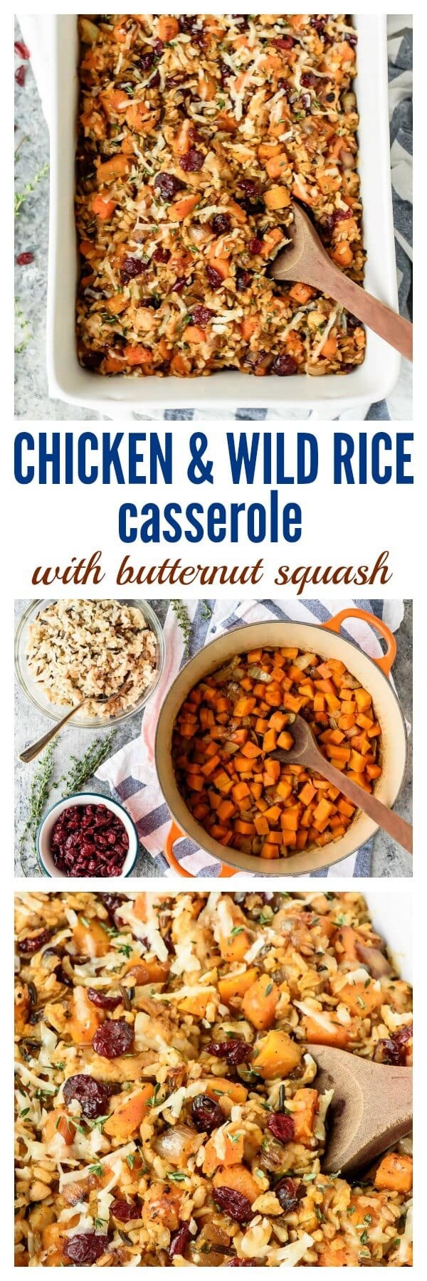 Cheesy Chicken and Wild Rice Casserole made from scratch with butternut squash and cranberries. An easy and healthy chicken dinner recipe that's gluten free and perfect for freezer meals too!