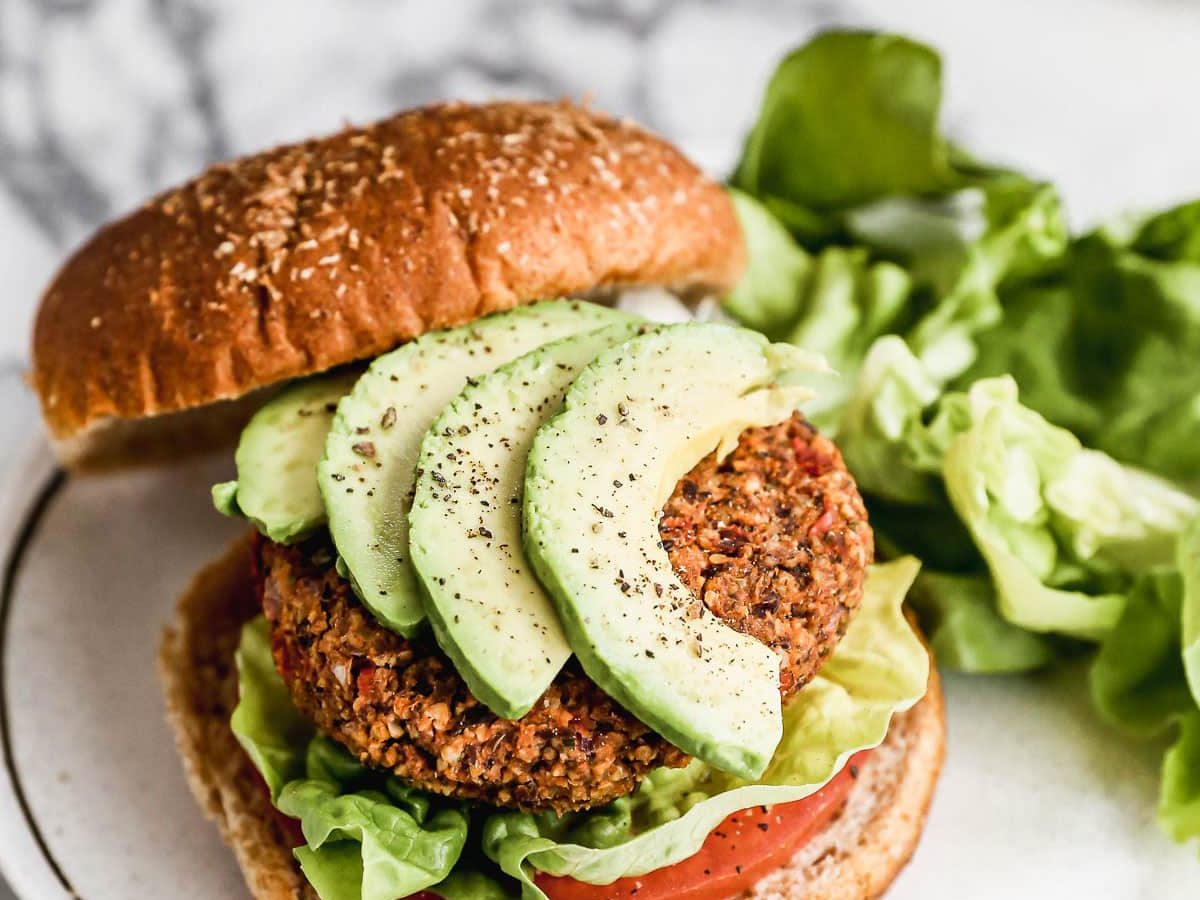 vegan burger without tofu on a bun with avocado