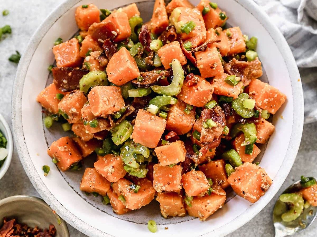 Easy sweet potato salad recipe with bacon and mustard