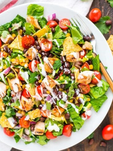 BBQ Chicken Salad recipe with creamy ranch dressing โ Filling and flavorful! This healthy salad comes together quickly and is perfect for a summer meal. With juicy BBQ grilled chicken, crunchy tortilla chips, and lots of fresh veggies. @wellplated