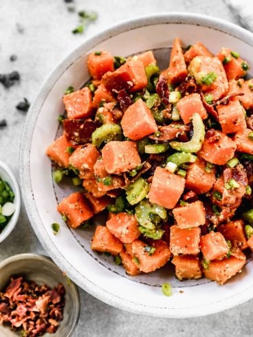 a bowl the best sweet potato salad recipe with bacon and celery