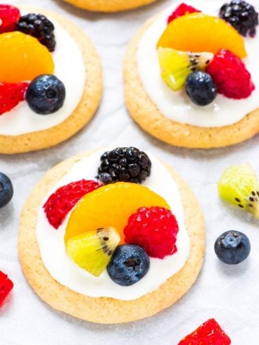 Fruit Pizza Cookies. A mini version of classic fruit pizza! Soft, buttery sugar cookies topped with sweet cream cheese frosting and fresh fruit. The perfect summer dessert! @wellplated