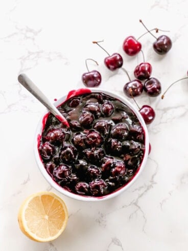 a bowl with easy homemade cherry pie filling