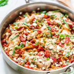 ONE PAN Feta Chicken Pasta Skillet – Only 5 ingredients! Everything cooks in one pan, including the pasta. EASY, delicious, and ready in less than 30 minutes! @wellplated