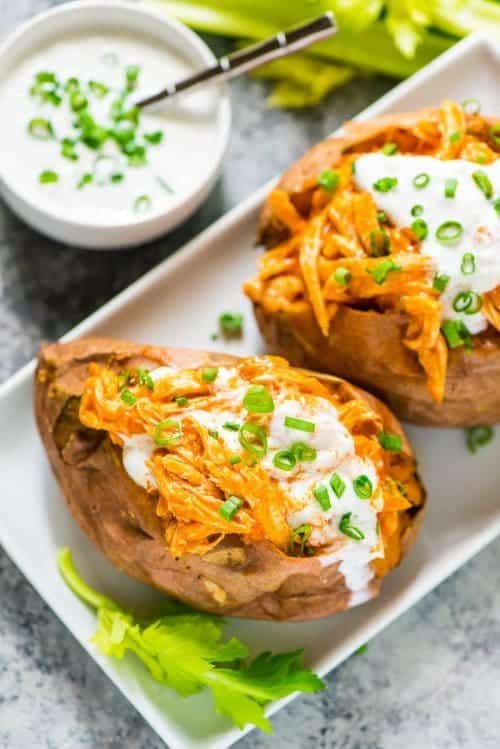 Healthy Slow Cooker Buffalo Chicken Stuffed Sweet Potatoes Recipe