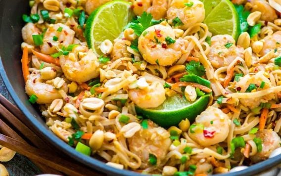 Healthy Shrimp Pad Thai. EASY and SO delicious! Ready in 15 minutes. We couldn’t stop eating it! Recipe at wellplated.com | @wellplated {gluten free}