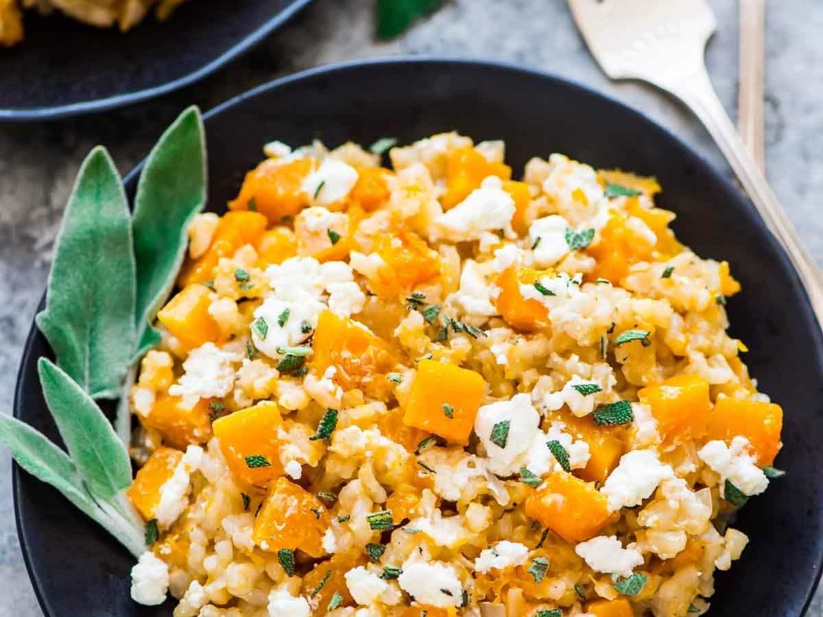 plate of Slow Cooker Risotto with Butternut Squash and goat cheese