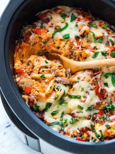 Crock Pot Pasta with wooden spoon