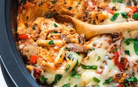 Crock Pot Pasta with wooden spoon