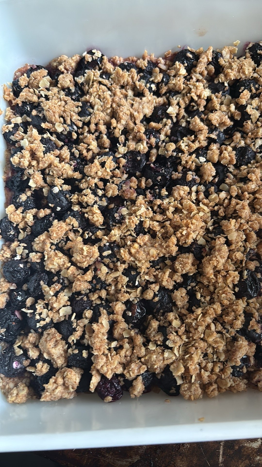 A close-up of a baked blueberry crumble with oat topping in a white dish.