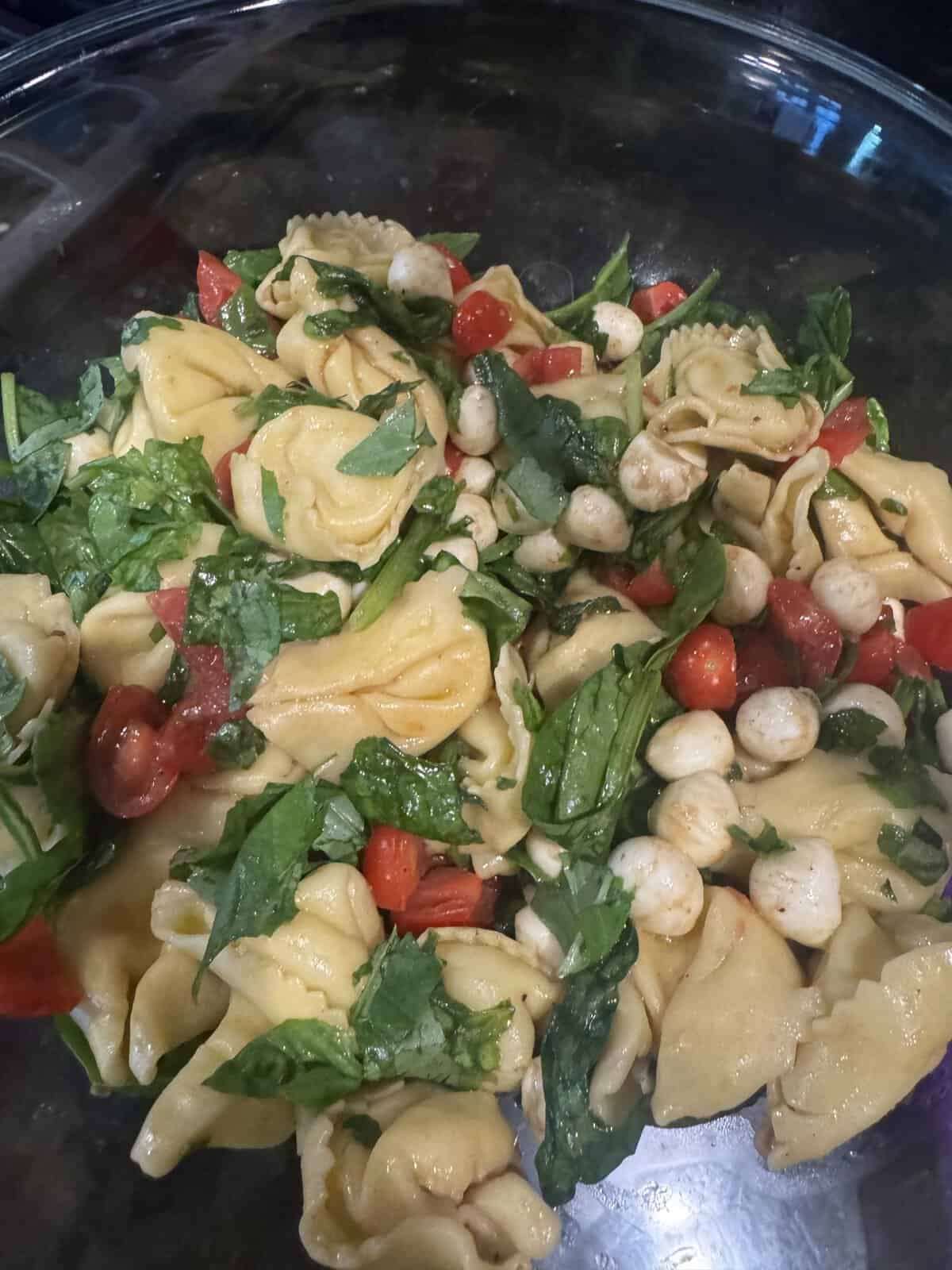 Tortellini pasta salad with mozzarella balls, cherry tomatoes, spinach, and fresh basil in a glass bowl.