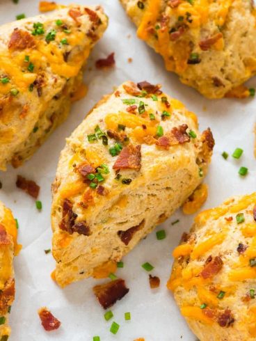 Savory scone idea: Bacon Cheddar and Chive. Easy recipe that yields tender, buttery scones every time. Recipe at wellplated.com | @wellplated
