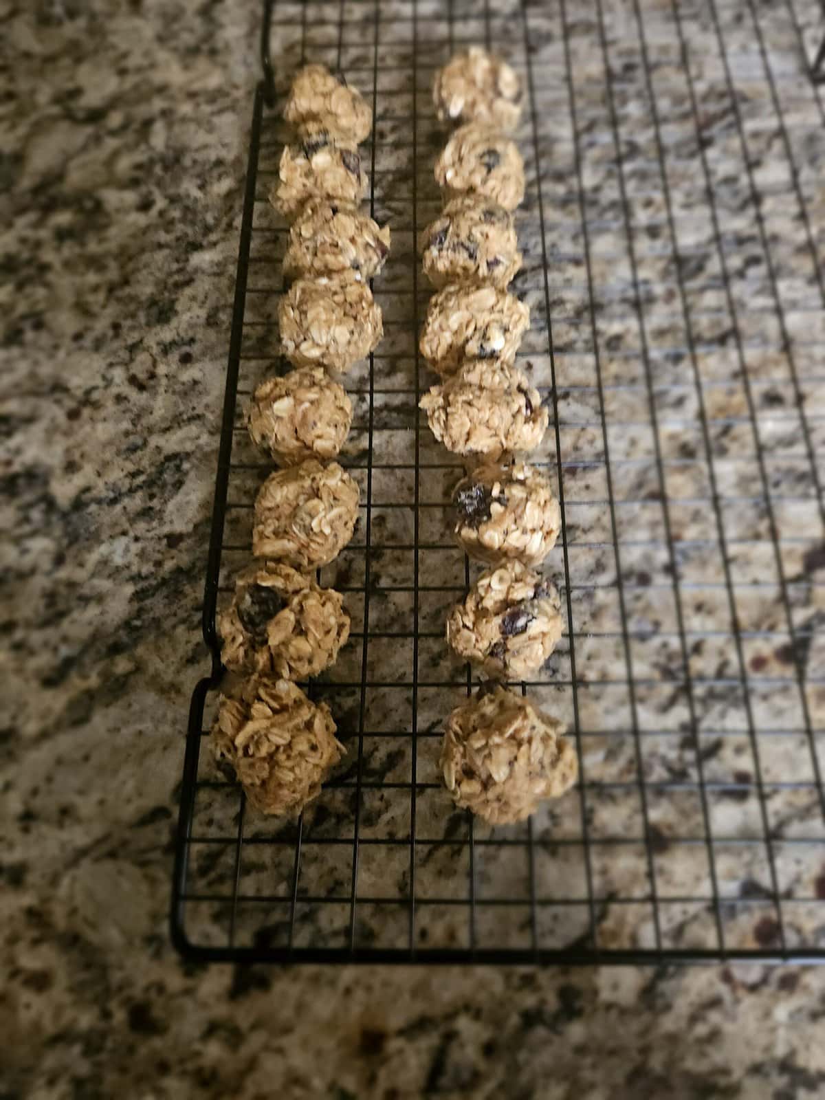 Fourteen oatmeal cookies arranged in two neat rows on a black cooling rack on a speckled countertop.