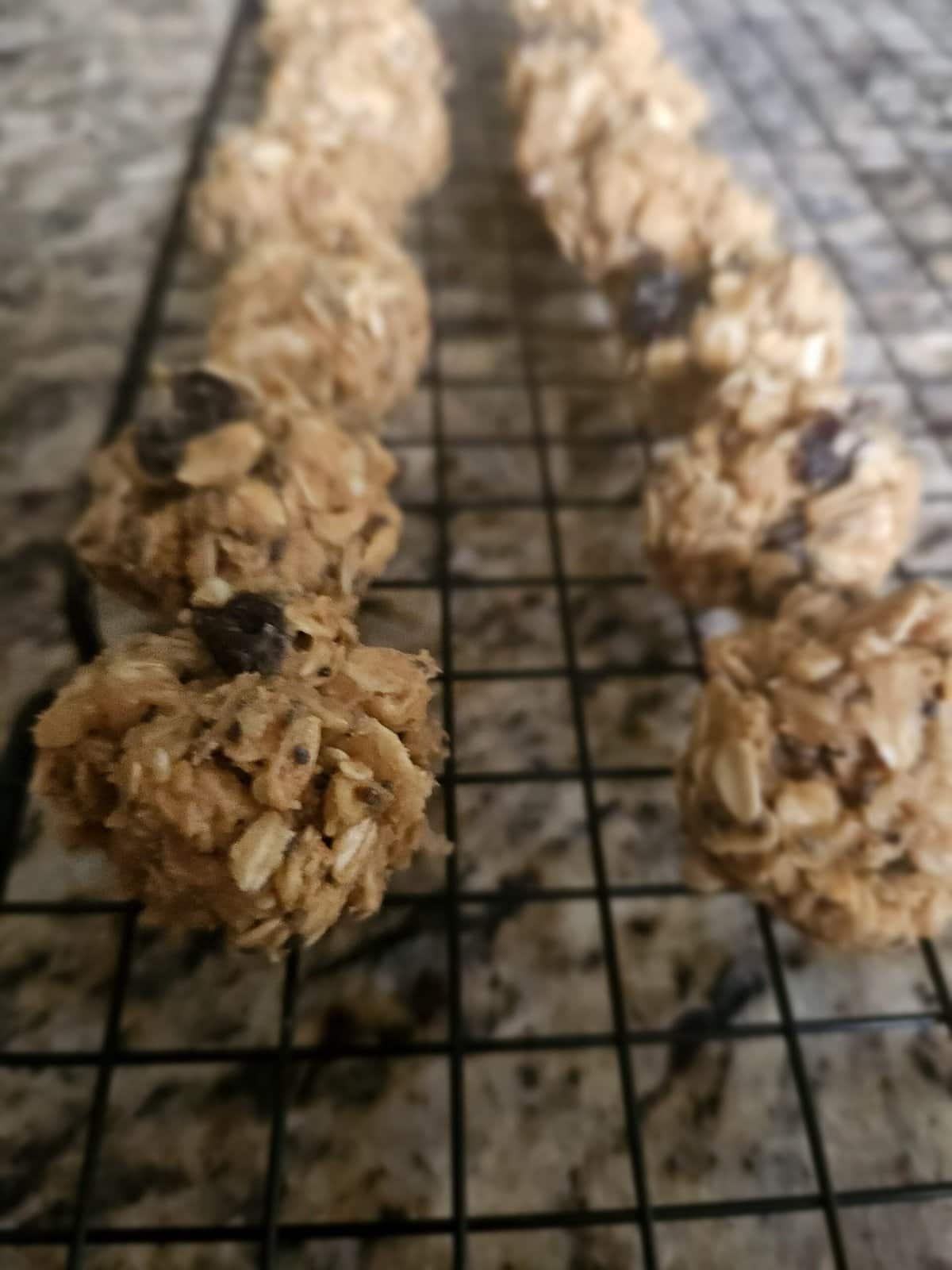Oatmeal and raisin cookie dough balls lined up on a cooling rack over a granite countertop.