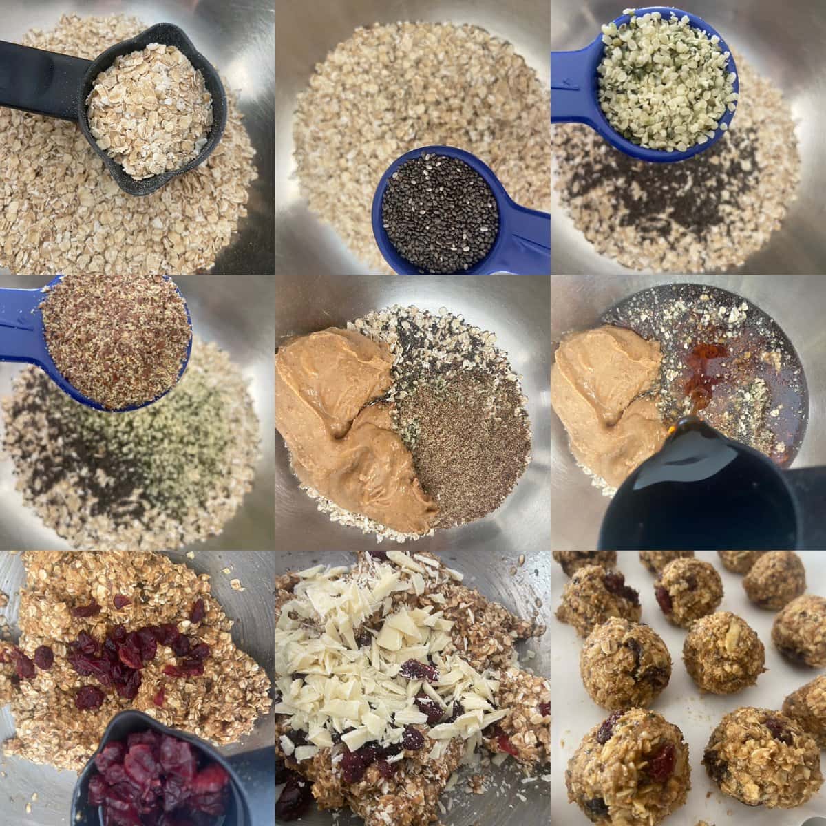Step-by-step image grid showing ingredients and process of making energy balls with oats, seeds, nut butter, and mix-ins.