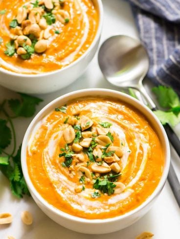 Healthy Thai Pumpkin Curry Soup with Coconut Milk. Easy vegan recipe that’s ready in 30 minutes! Creamy, comforting, and perfect for fast fall dinners.