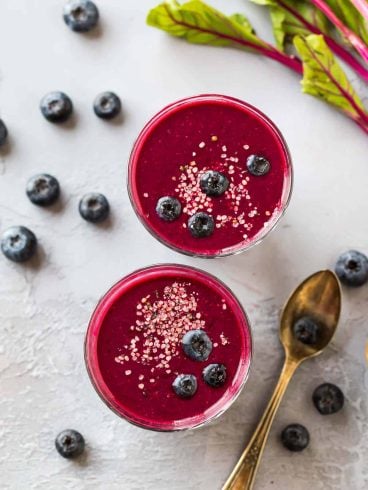 Blueberry Beet Smoothie. Sweet, creamy, and packed with fiber, protein, and antioxidants! This healthy breakfast smoothie is perfect for weightloss or for kids. Other beet smoothie benefits include reduction of blood pressure, detox, liver cleanse, and more. Recipe works with both raw or cooked beets and can be made in a Vitamix or regular blender.