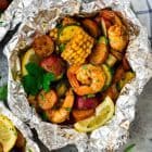 Cajun Shrimp Boil Foil Packets with sausage. Easy recipe that can be made in the oven or on the grill! Perfect for a fast, healthy dinner.