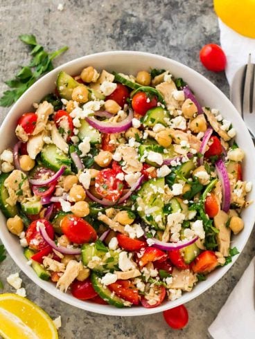 Healthy, easy Chickpea Tuna Salad. A bright, healthy meal prep salad that's perfect for healthy lunches and healthy dinners! One of our favorite vegetarian recipes. Gluten free and packed with protein and fresh veggies!