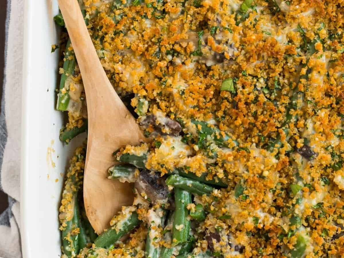 Healthy green bean casserole in a baking dish