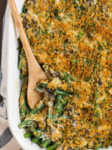 Healthy green bean casserole in a baking dish