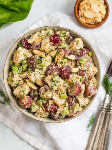 Whole30 Chicken Salad. A twist on classic waldorf chicken salad thatโs Whole30 and Paleo approved! Made with grapes, almonds, celery, and an easy tahini dressing, you can use it for Whole30 chicken salad lettuce wraps, a waldorf chicken salad sandwich, or enjoy as is.