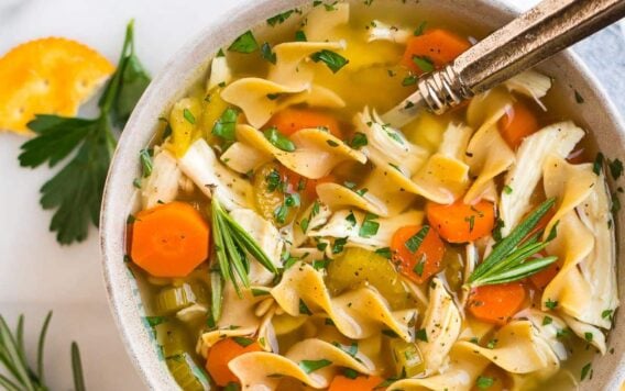 Crock pot chicken noodle soup in a white bowl