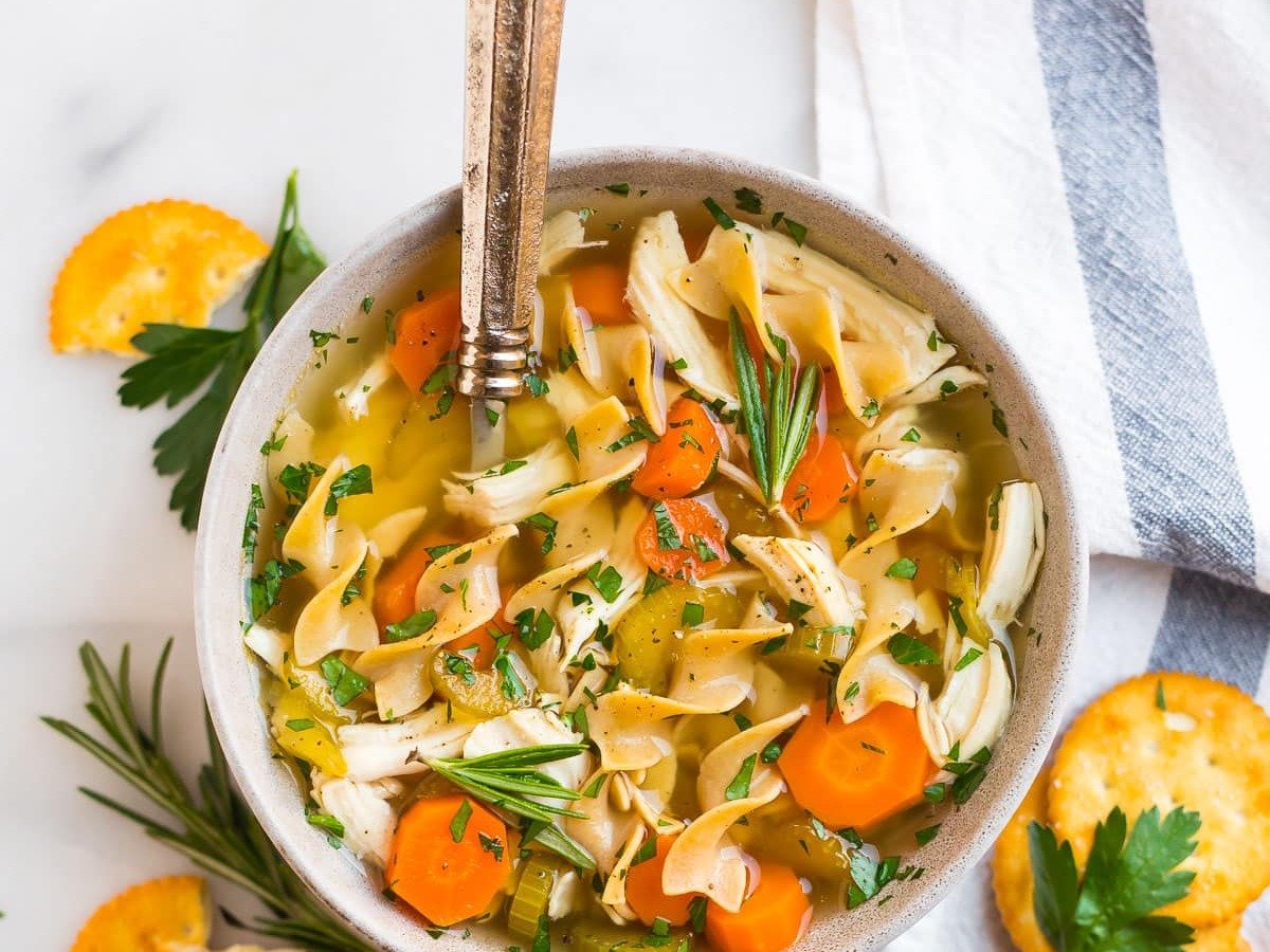 slow cooker chicken noodle soup in a bowl