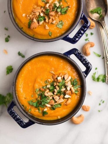 Two bowls of Instant Pot carrot soup with ginger