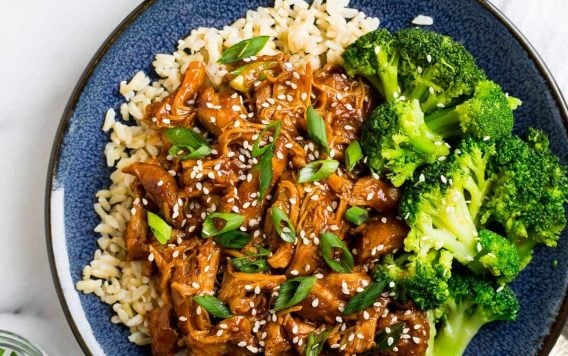 Slow Cooker Honey Garlic Chicken with Broccoli and Rice on a Plate