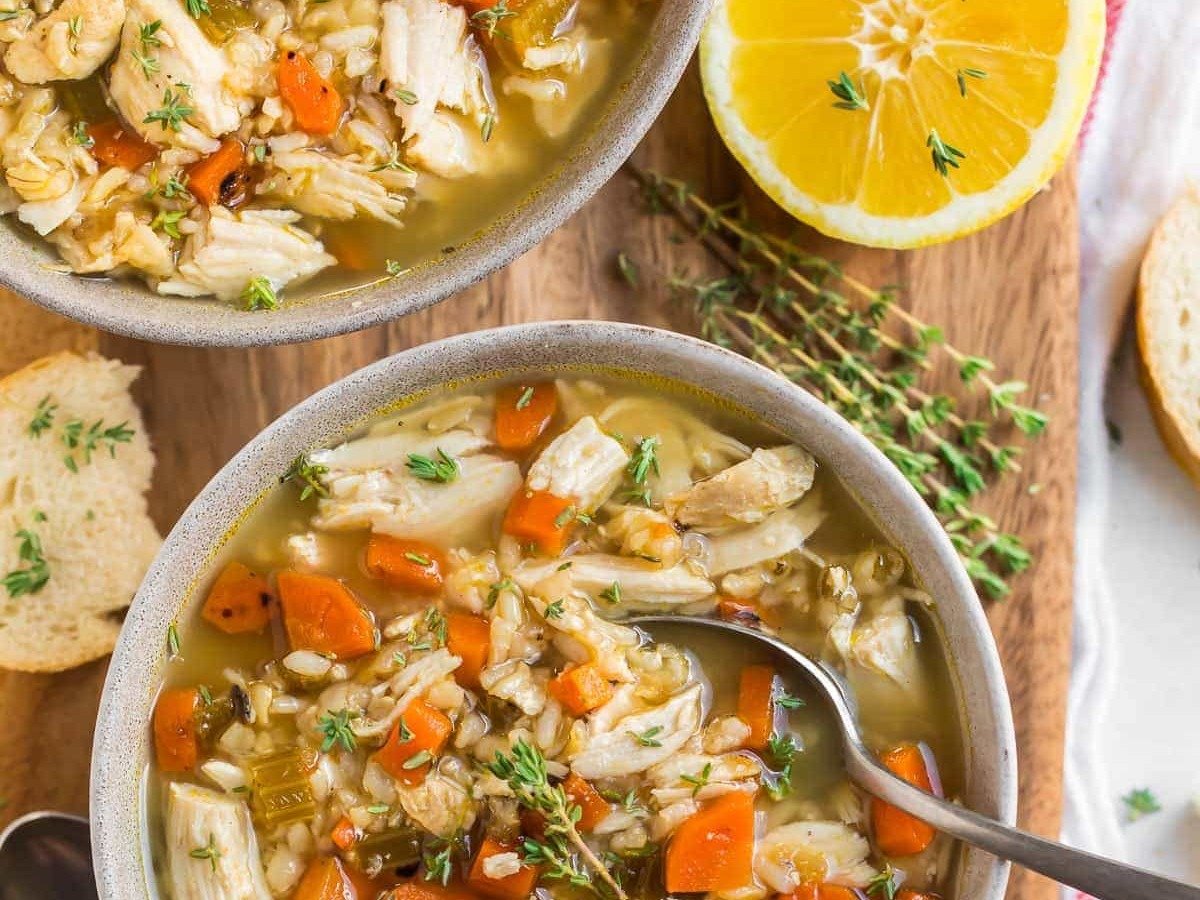 Healthy Slow Cooker Chicken and Rice Soup with Vegetables and Lemon