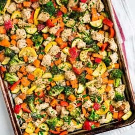 A sheet pan dinner with chicken and vegetables