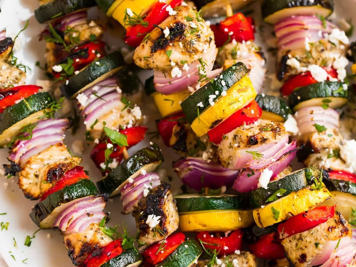 chicken kabob skewers with chicken and vegetables