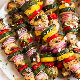 chicken kabob skewers with chicken and vegetables