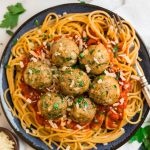 Baked turkey meatballs and spaghetti with sauce on a plate