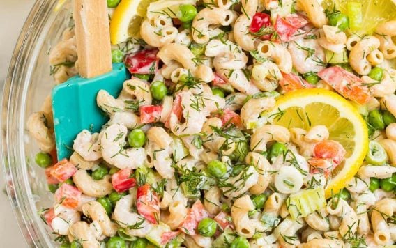 Healthy Chilled Shrimp Pasta Salad with Peas and Lemon