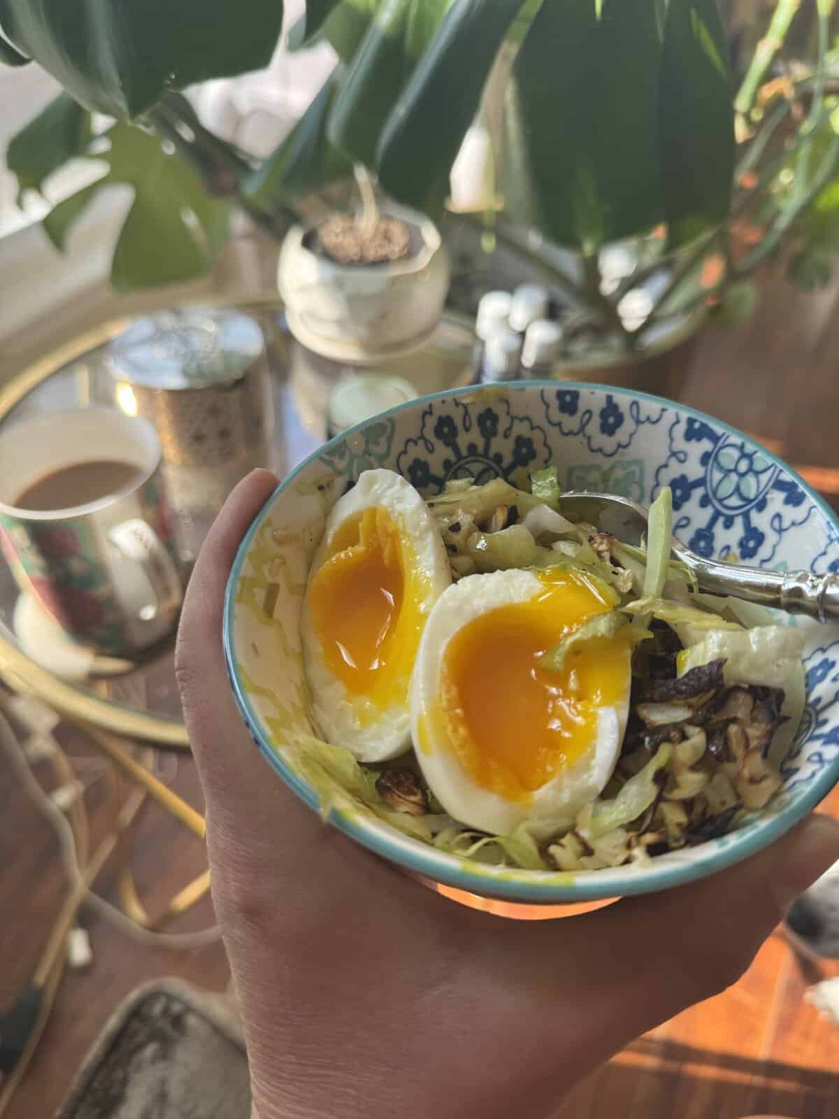 A hand holds a bowl of rice, cabbage, and two soft-boiled eggs with runny yolks; tea and plants in the background.